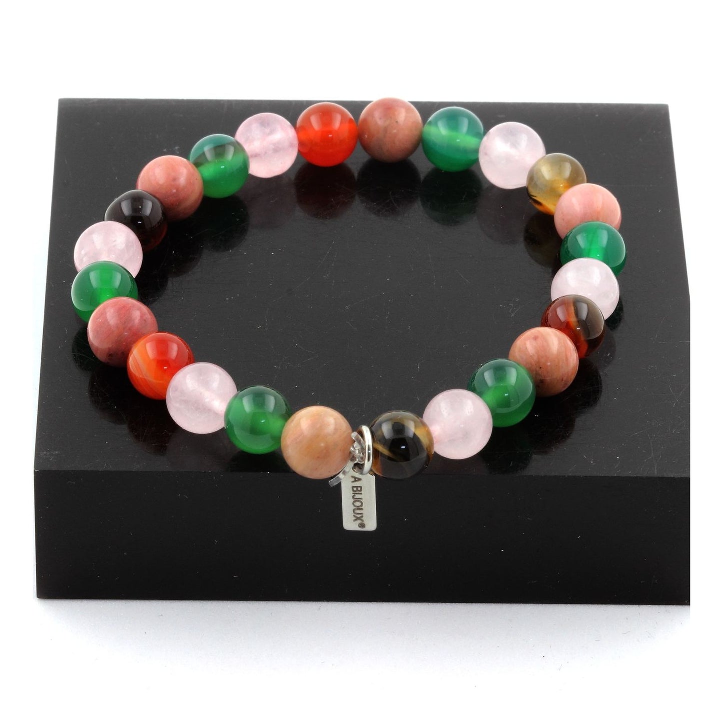Rhodonite + Agate rubanée + Quartz rose + Agate verte Bracelet Perles