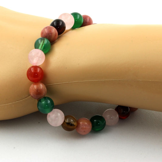 Rhodonite + Agate rubanée + Quartz rose + Agate verte Bracelet Perles