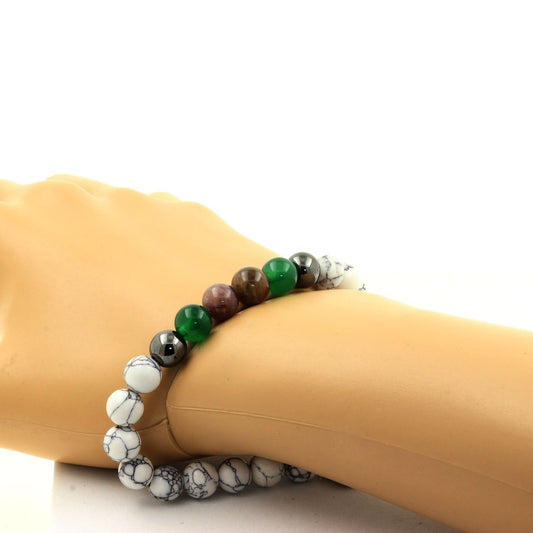 Rubis de Mogok, Birmanie, Myanmar + Agate verte + Hématite + Howlite. Bracelet Perles naturelles