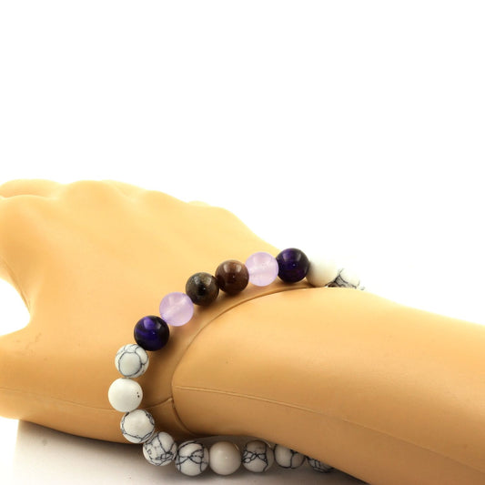 Rubis de Mogok, Birmanie, Myanmar + Calcédoine lavande + Oeil de Tigre violet + Howlite. Bracelet Perles naturelles