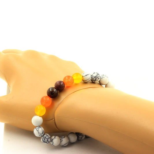 Rubis de Mogok, Birmanie, Myanmar + Calcédoine orange + Agate jaune + Howlite. Bracelet Perles naturelles