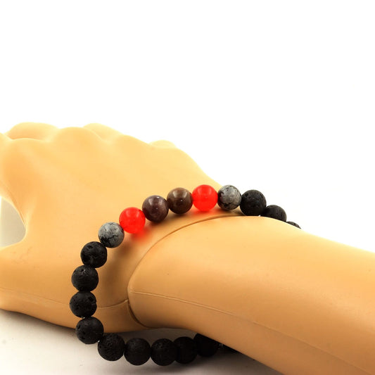 Rubis de Mogok, Birmanie, Myanmar + Calcédoine rouge + Obsidienne Flocon de Neige + Lave. Bracelet Perles naturelles