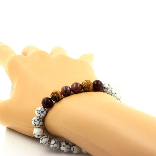 Rubis de Mogok, Birmanie, Myanmar + Grenat + Jaspe Paysage + Howlite. Bracelet Perles naturelles