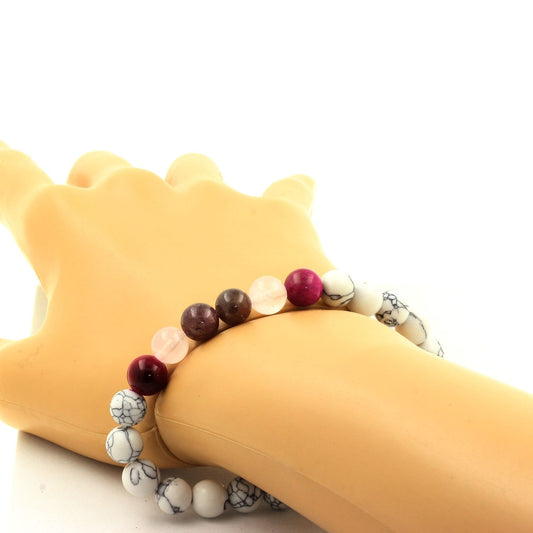 Rubis de Mogok, Birmanie, Myanmar + Oeil de Tigre Fuschia + Quartz rose + Howlite. Bracelet Perles naturelles
