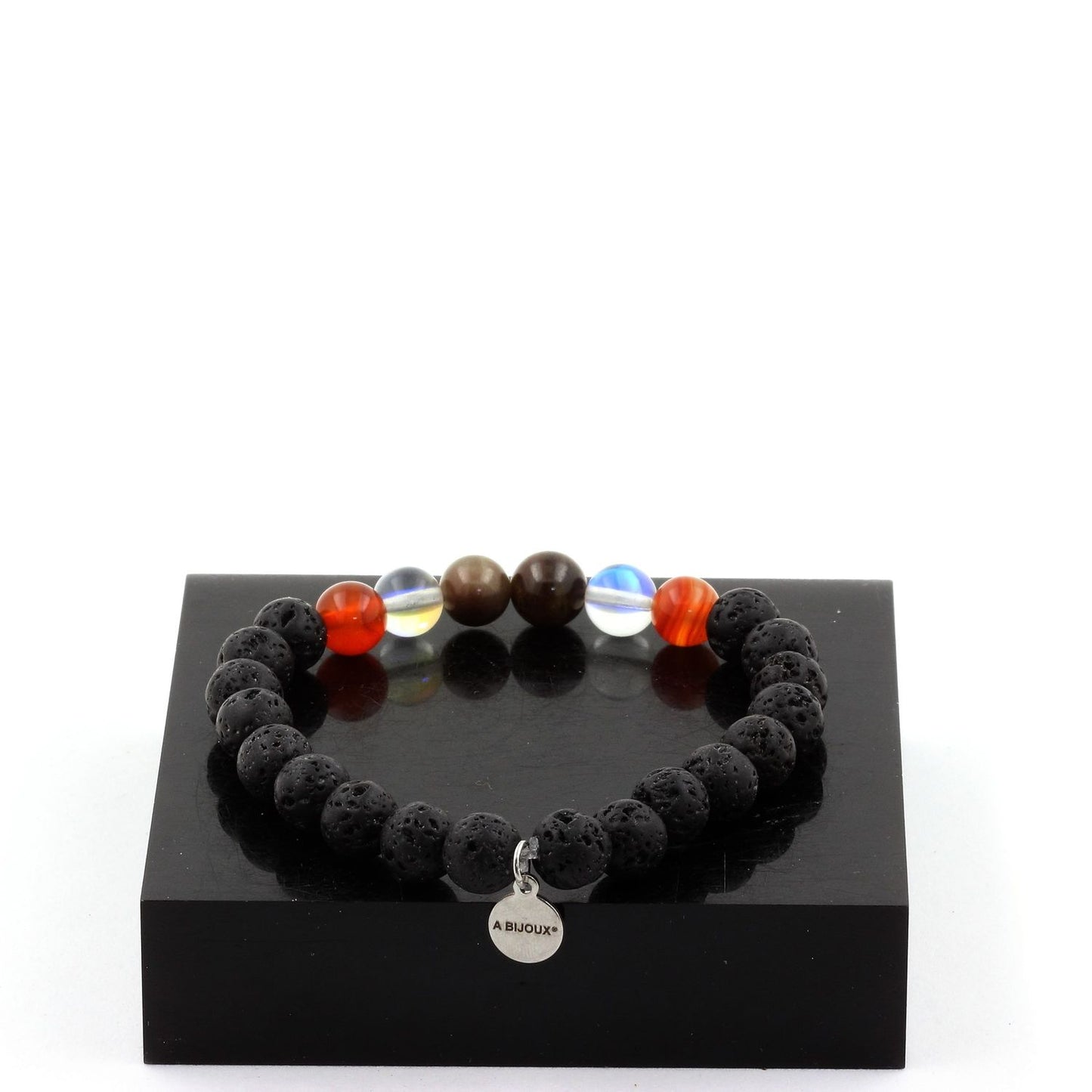 Rubis de Mogok, Birmanie, Myanmar + Quartz Titane + Obsidienne Mahogany + Lave. Bracelet Perles naturelles