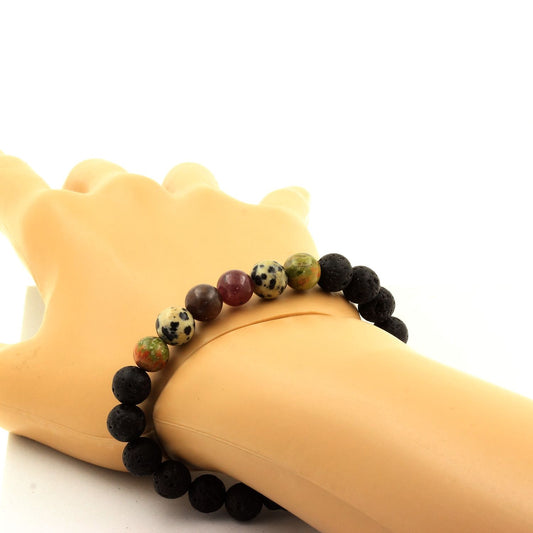 Rubis de Mogok, Birmanie, Myanmar + Unakite + Jaspe Dalmatien + Lave. Bracelet Perles naturelles