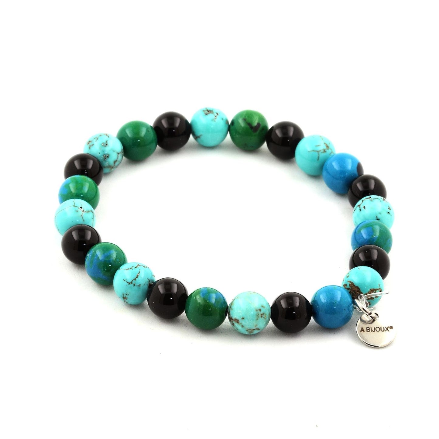 Chrysocolle + Turquoise + Agate noire. Bracelet Perles
