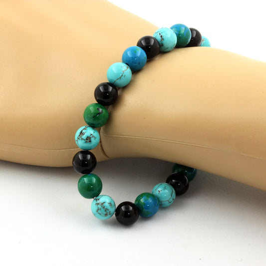 Chrysocolle + Turquoise + Agate noire. Bracelet Perles