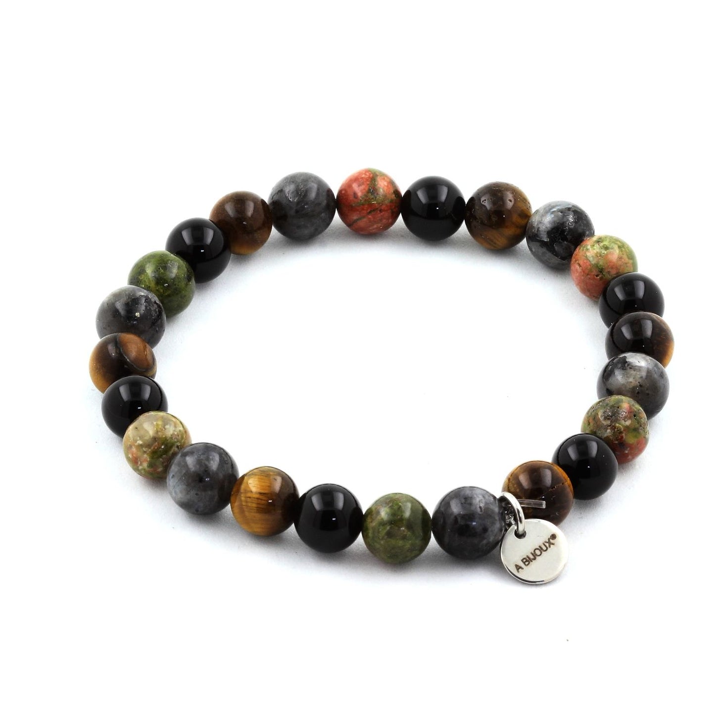 Labradorite + Oeil de Tigre + Unakite + Agate noire. Bracelet Perles