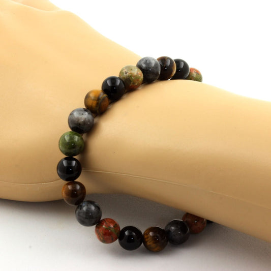 Labradorite + Oeil de Tigre + Unakite + Agate noire. Bracelet Perles