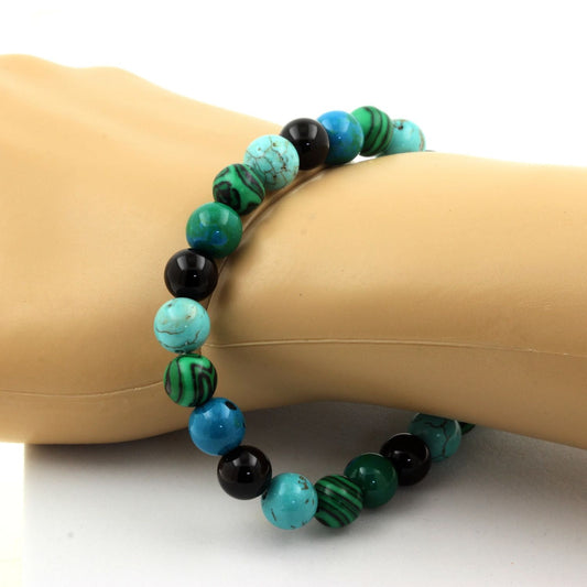 Chrysocolle + Malachite (avec résine) + Turquoise + Agate noire. Bracelet Perles