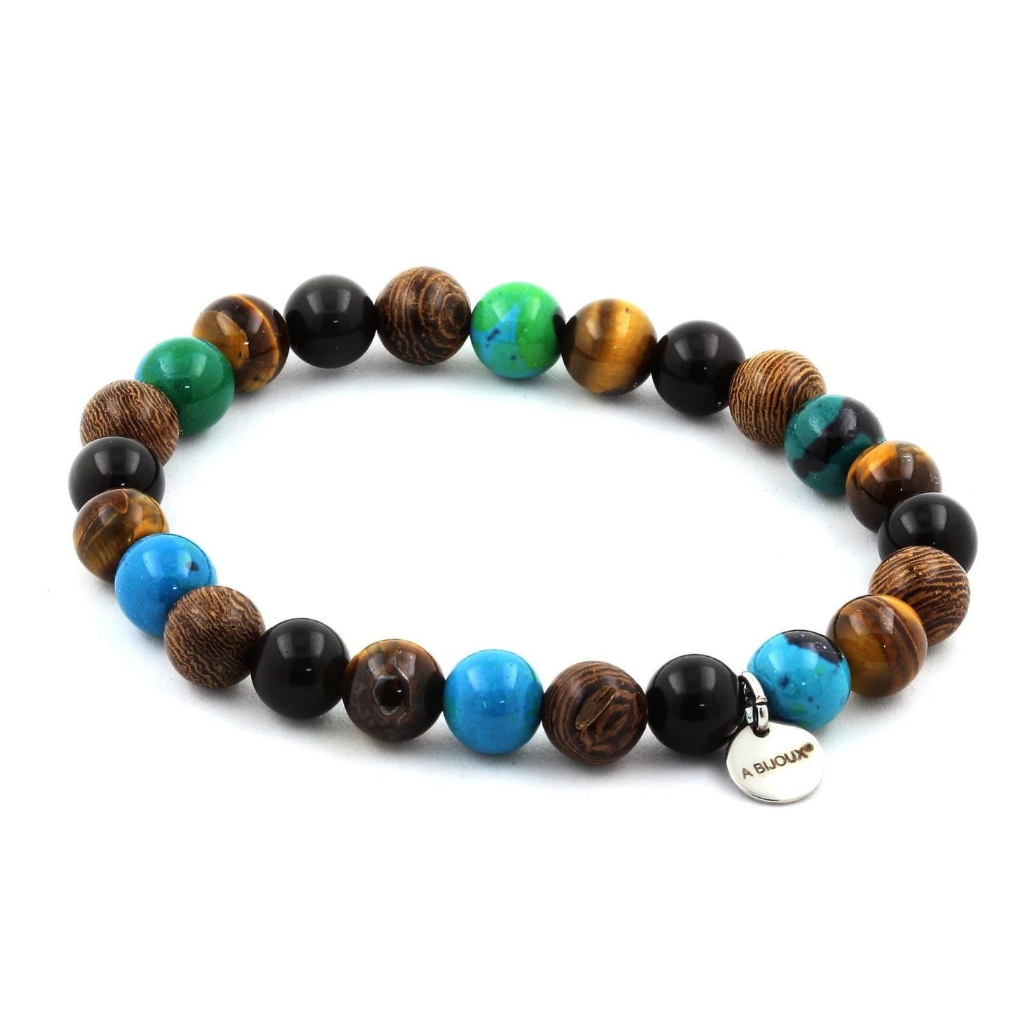 Oeil de Tigre + Chrysocolle + Obsidienne noire + bois. Bracelet Perles