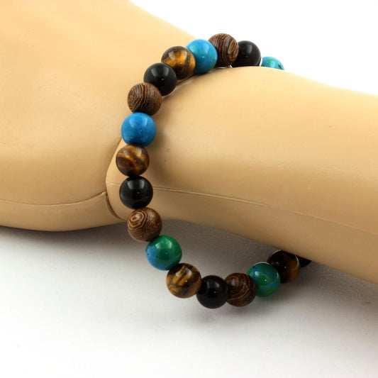 Oeil de Tigre + Chrysocolle + Obsidienne noire + bois. Bracelet Perles
