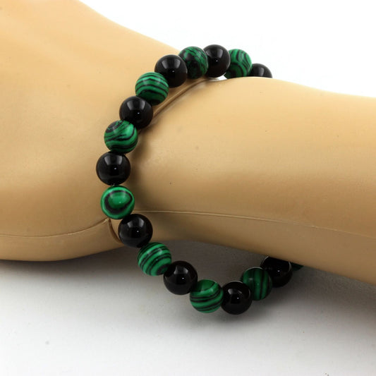 Malachite (avec résine) + Agate noire. Bracelet Perles