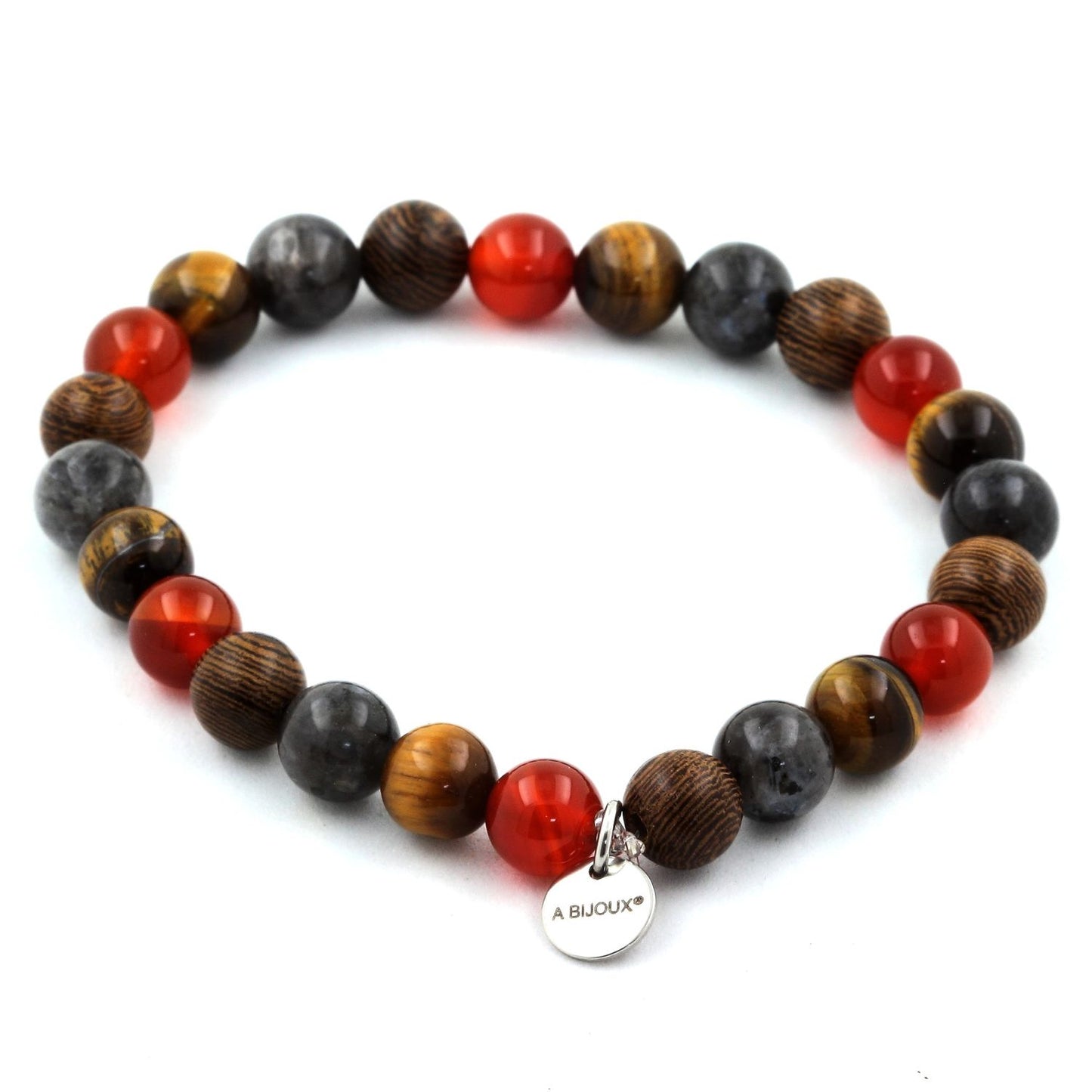 Oeil de Tigre + Labradorite + Agate rouge + bois. Bracelet Perles
