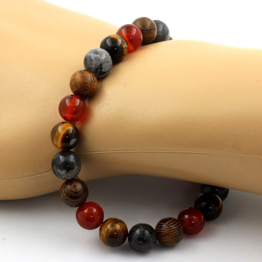 Oeil de Tigre + Labradorite + Agate rouge + bois. Bracelet Perles