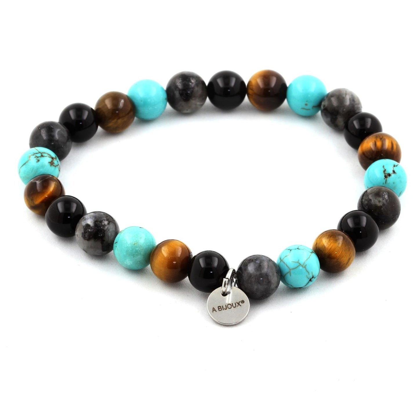 Labradorite + Turquoise + Agate noire + Oeil de Tigre. Bracelet Perles