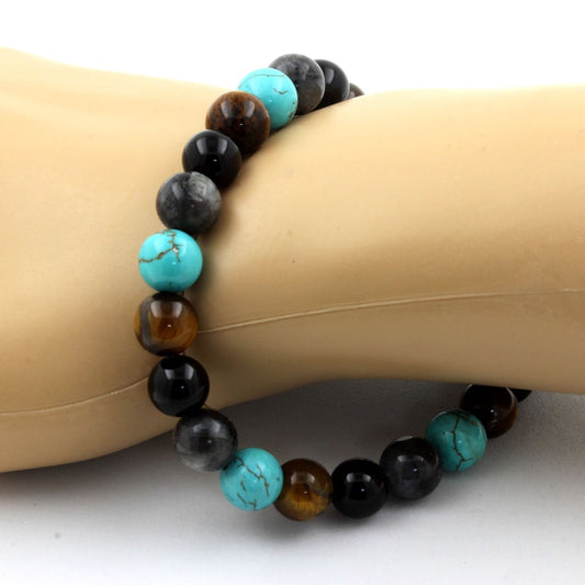 Labradorite + Turquoise + Agate noire + Oeil de Tigre. Bracelet Perles