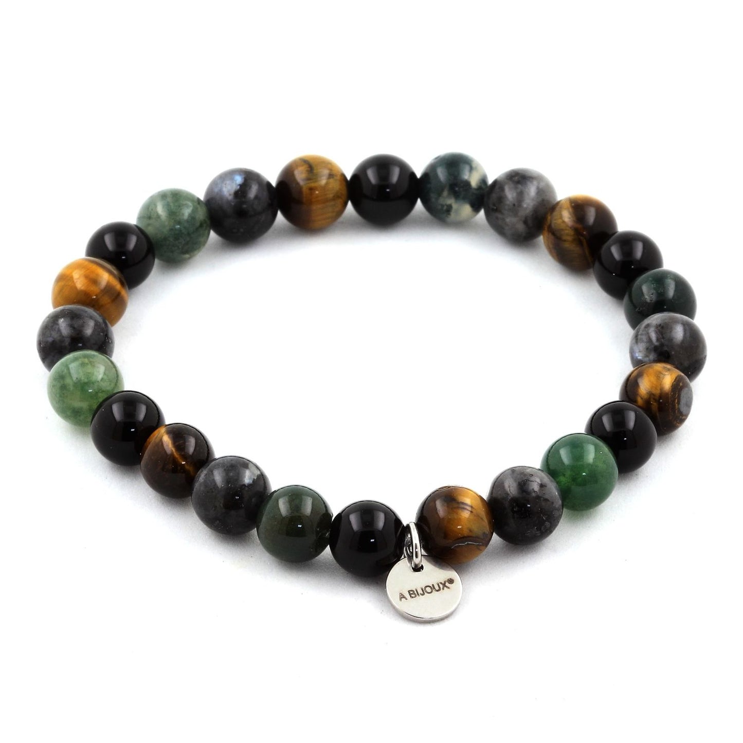 Labradorite + Agate mousse + Oeil de Tigre + Agate noire. Bracelet Perles