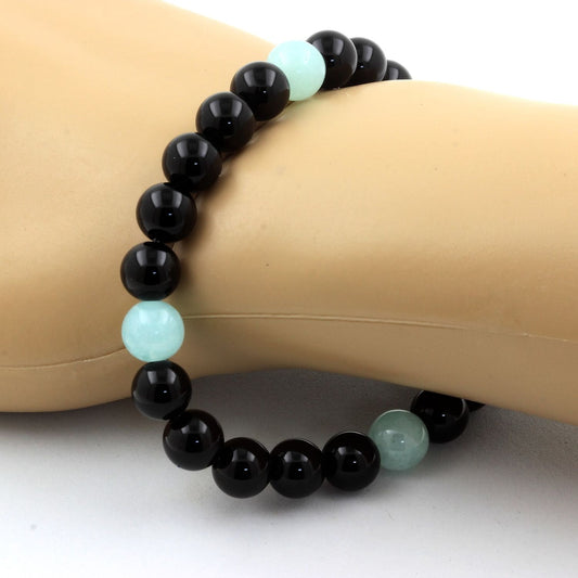 Angélite + Agate noire. Bracelet Perles
