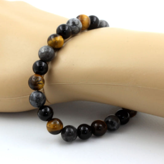 Oeil de Tigre + Labradorite + Agate noire. Bracelet Perles