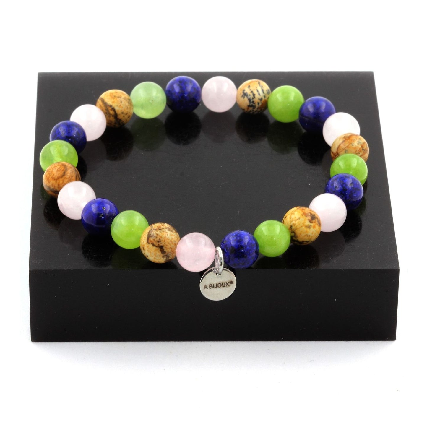 Lapis Lazuli + Jaspe Paysage + Péridot + Quartz rose. Bracelet Perles