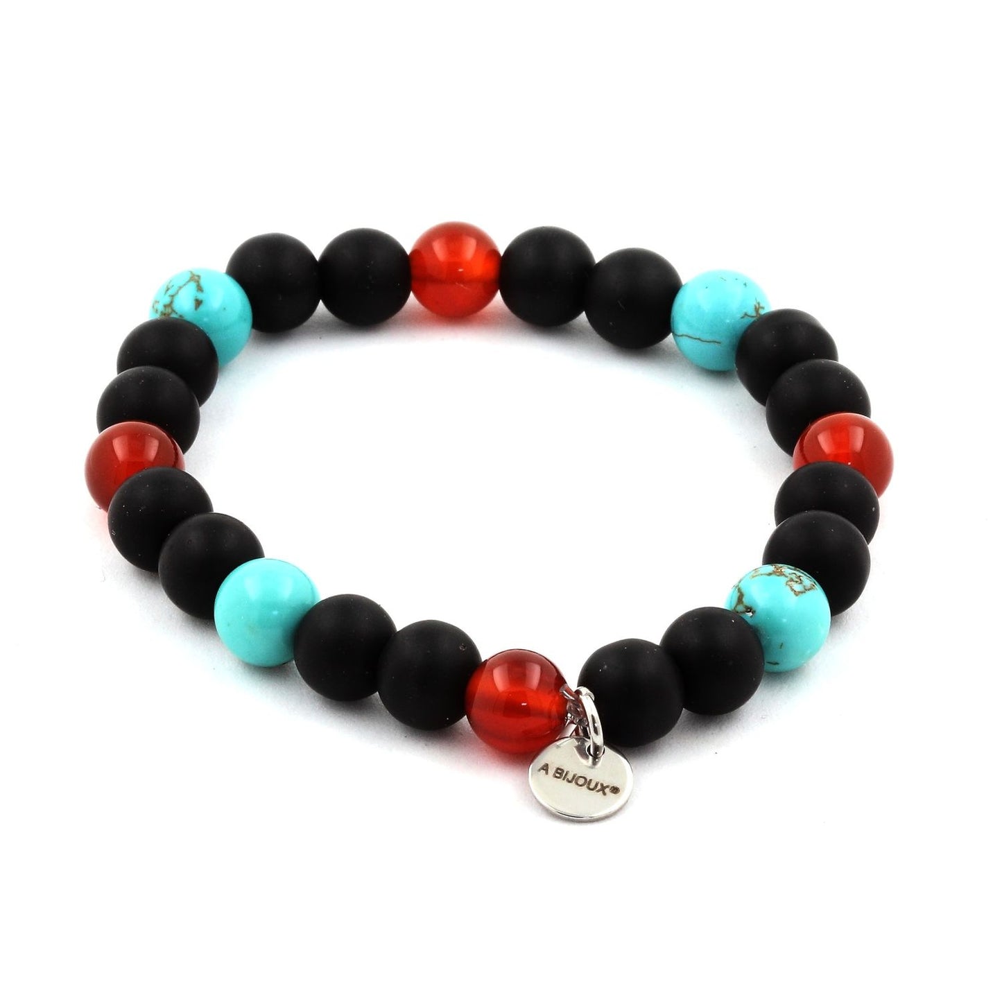 Agate Rouge + Turquoise + Onyx noir mat. Bracelet Perles