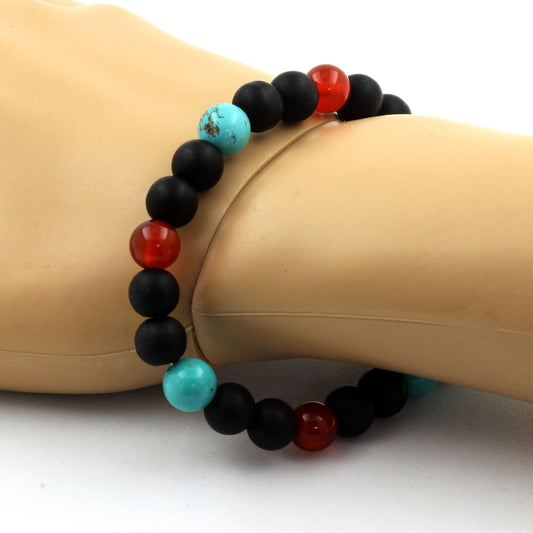 Agate Rouge + Turquoise + Onyx noir mat. Bracelet Perles