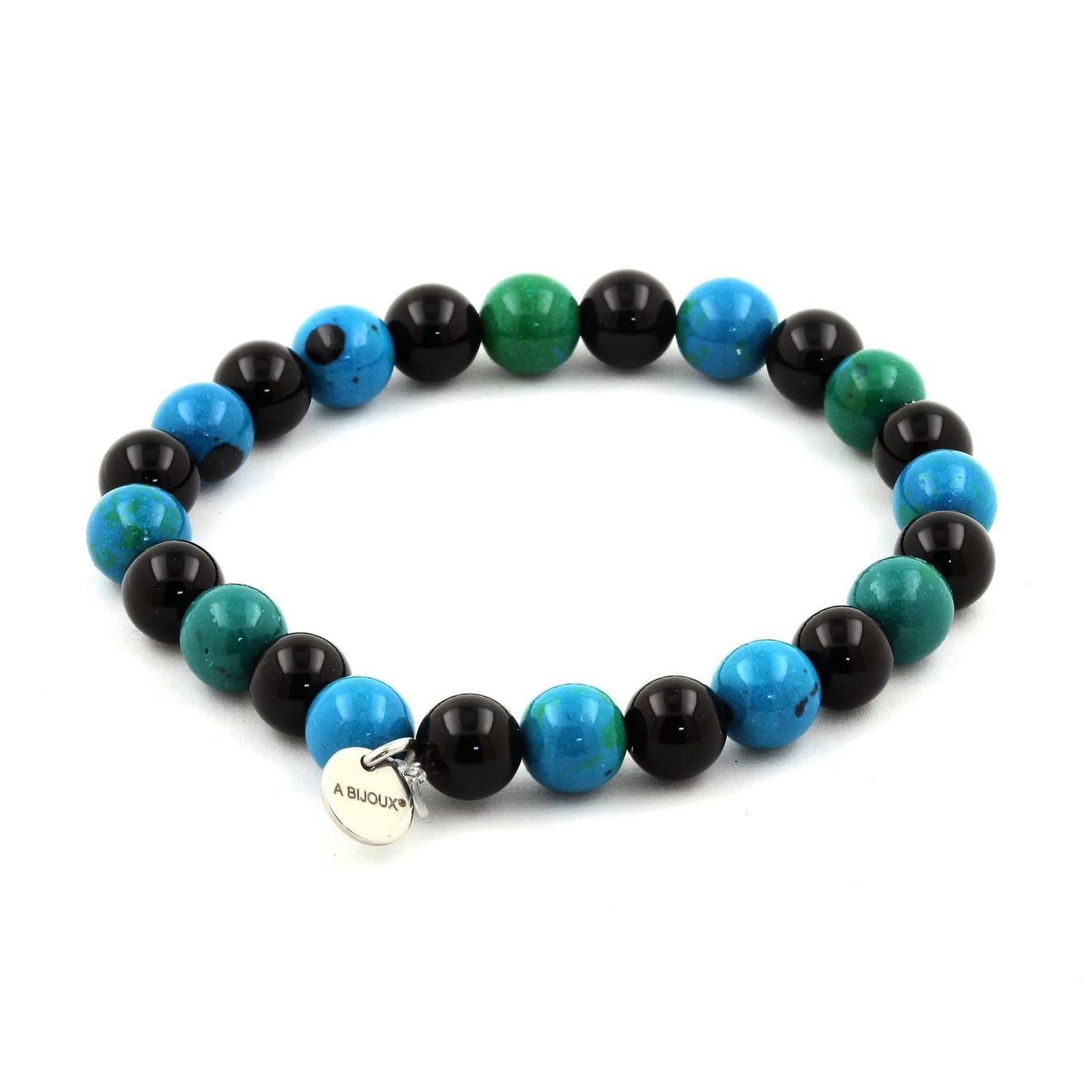 Chrysocolle + Agate noire. Bracelet Perles