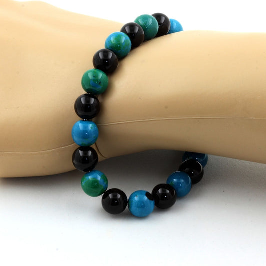Chrysocolle + Agate noire. Bracelet Perles