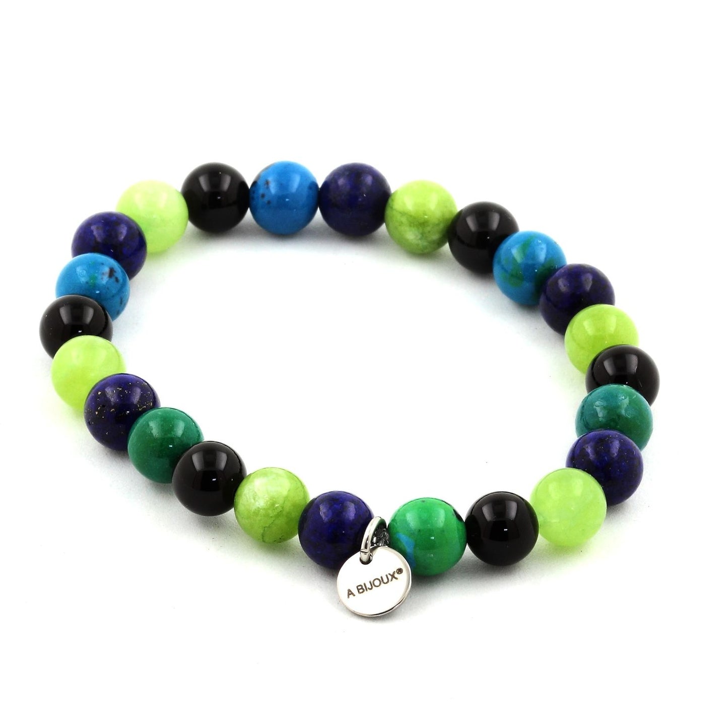 Lapis Lazuli + Chrysocolle + Péridot + Agate noire. Bracelet Perles