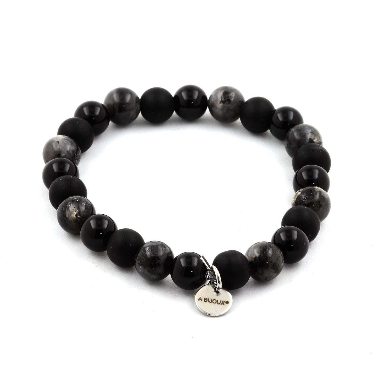 Labradorite + Agate noire + Onyx noir. Bracelet Perles