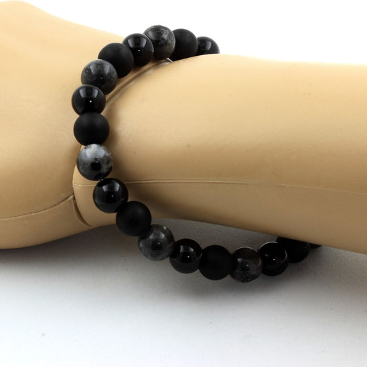 Labradorite + Agate noire + Onyx noir. Bracelet Perles