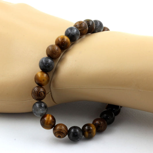 Labradorite + Oeil de Tigre + bois. Bracelet Perles