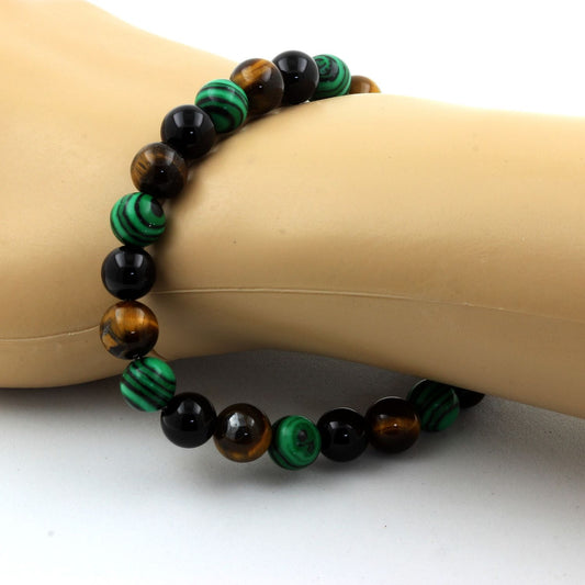 Oeil de Tigre + Agate noire + Malachite (avec résine). Bracelet Perles