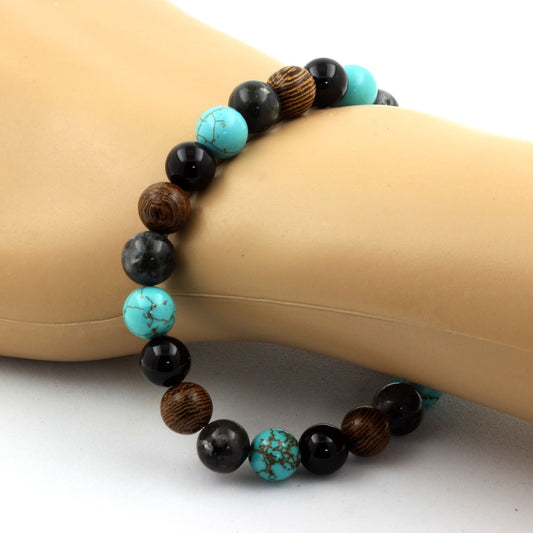 Labradorite + Agate noire + Turquoise + bois. Bracelet Perles