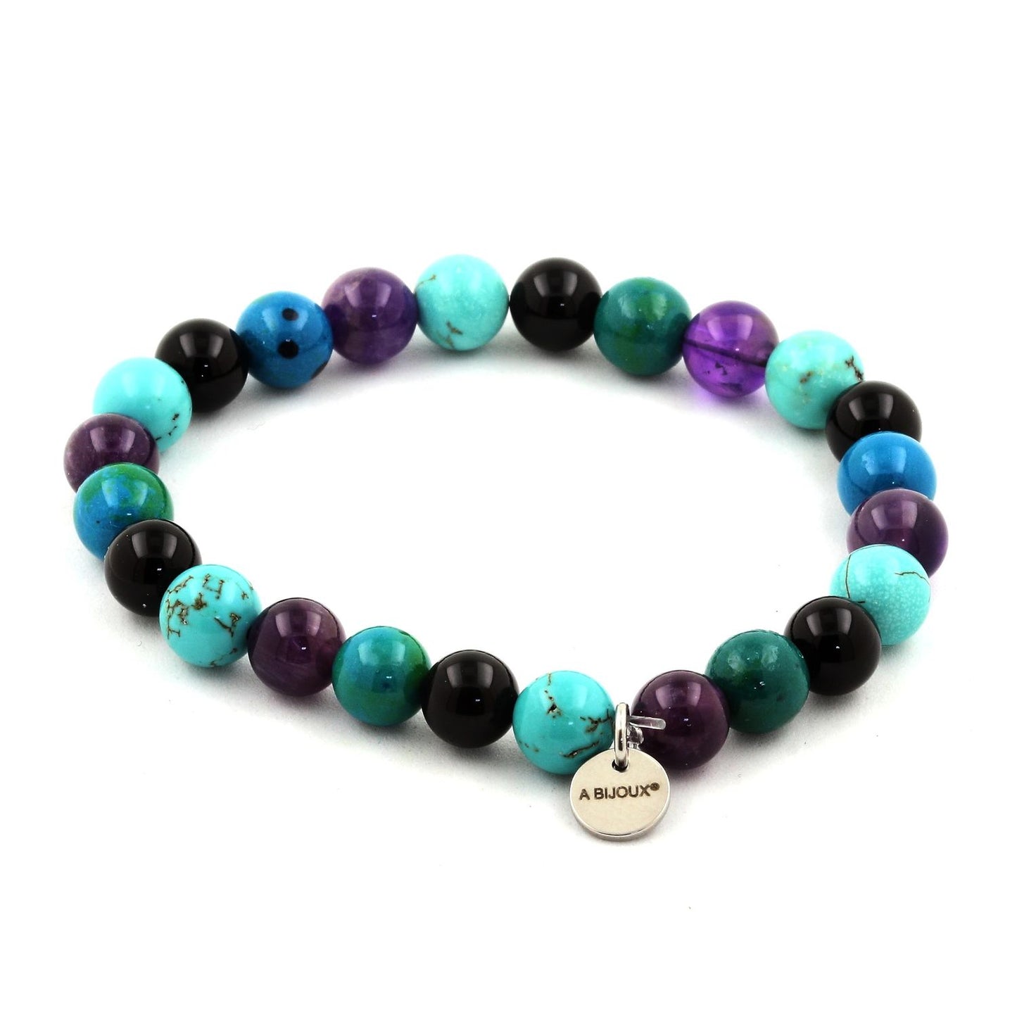 Améthyste + Chrysocolle + Agate noire + Turquoise. Bracelet Perles