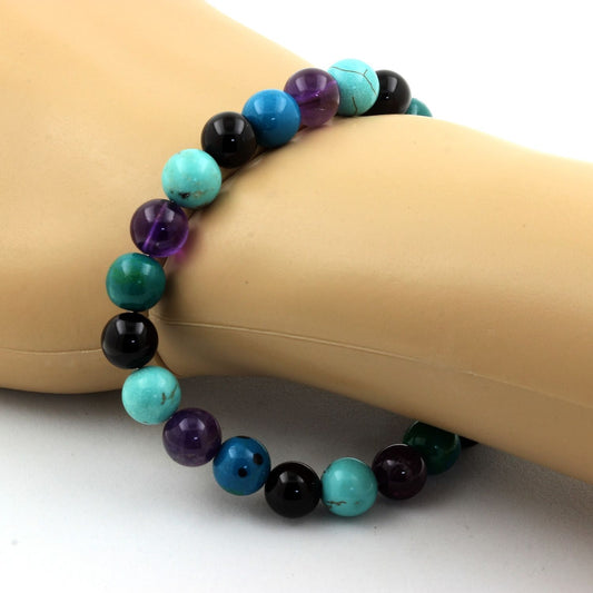 Améthyste + Chrysocolle + Agate noire + Turquoise. Bracelet Perles