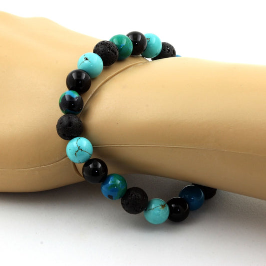Chrysocolle + Agate noire + Turquoise + Lave. Bracelet Perles