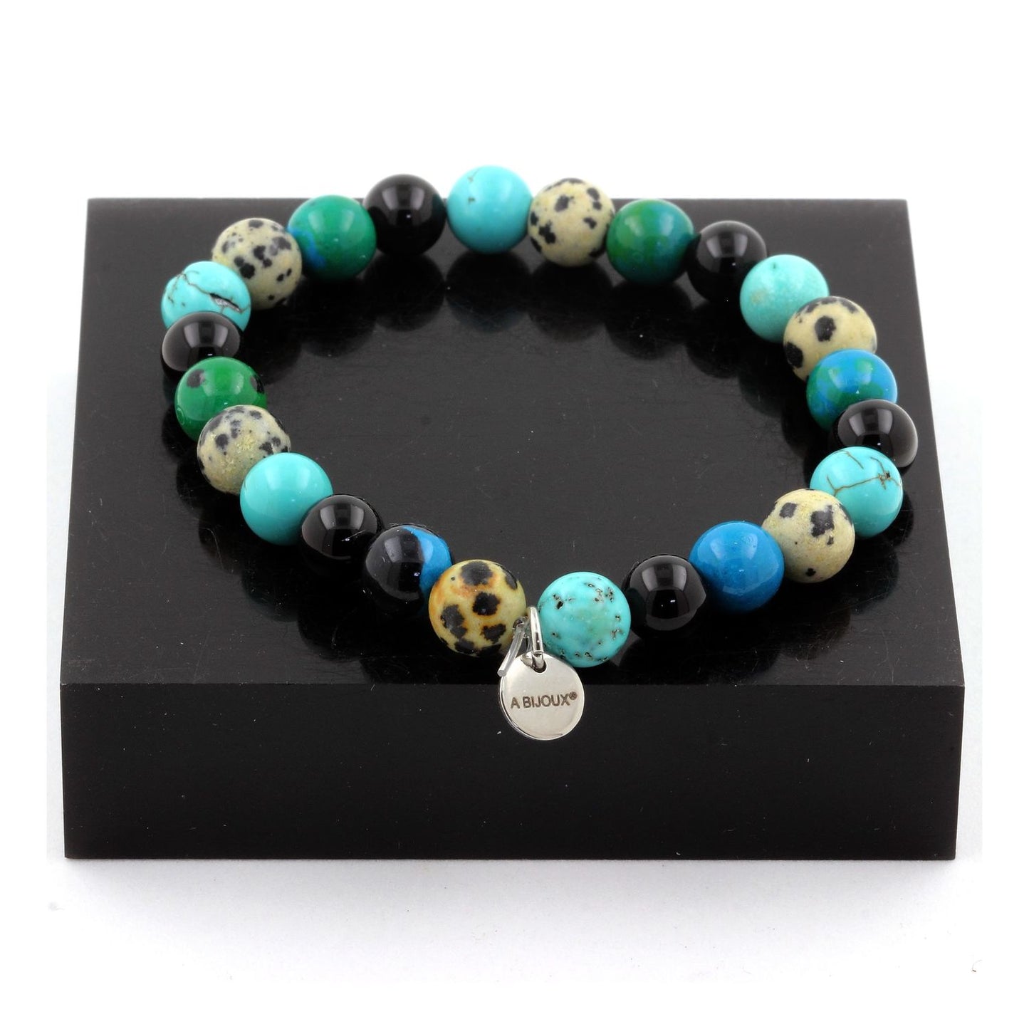 Jaspe Dalmatien + Turquoise + Chrysocolle + Agate noire. Bracelet en Perles naturelles