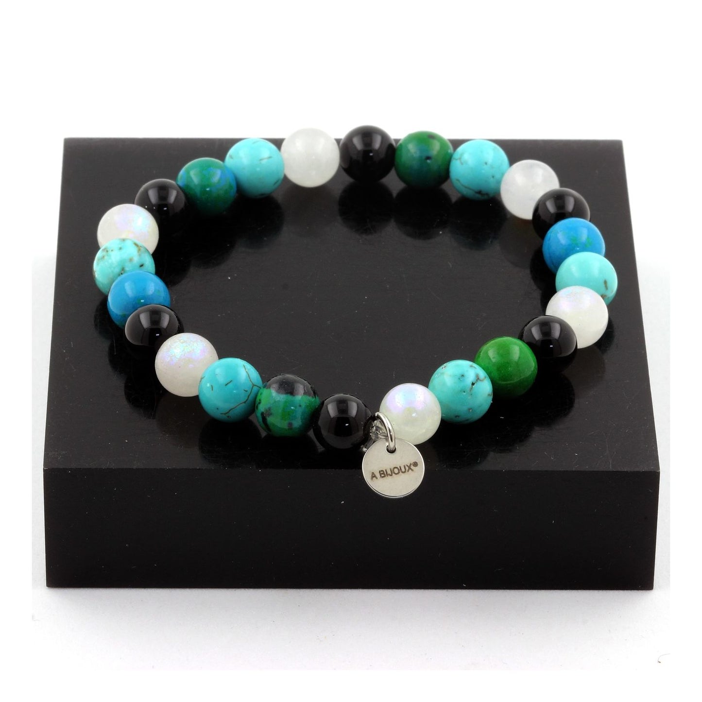 Chrysocolle + Turquoise + Pierre de lune + Agate noire. Bracelet en Perles naturelles