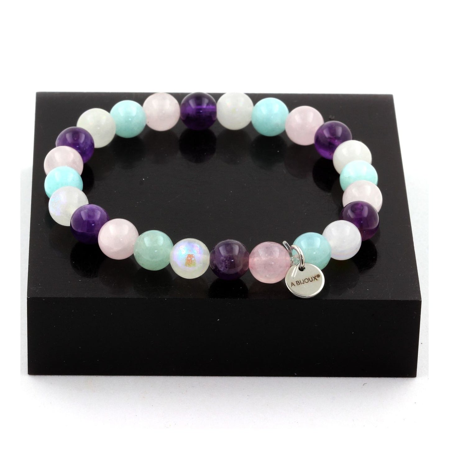 Pierre de lune + Angélite + Améthyste + Quartz rose. Bracelet en Perles naturelles