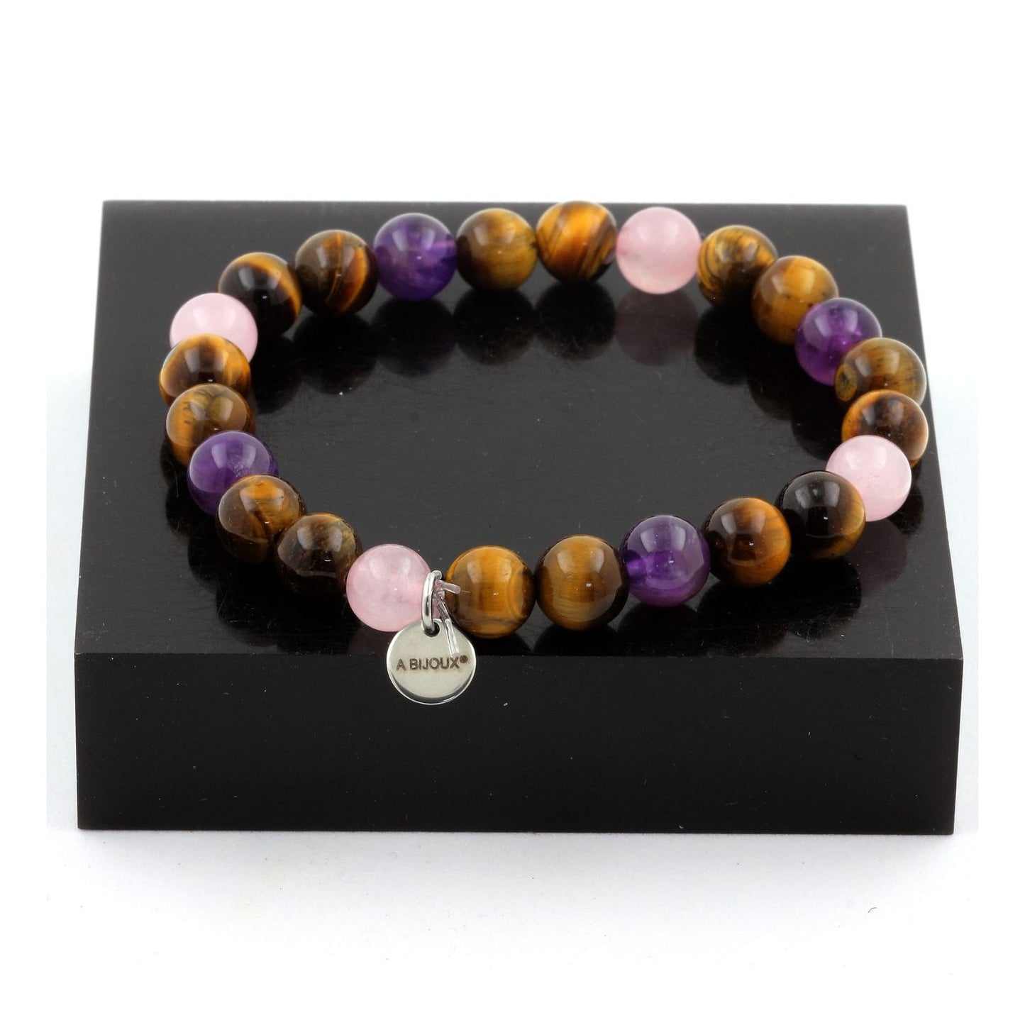 Quartz rose + Améthyste + Oeil de Tigre. Bracelet en Perles naturelles