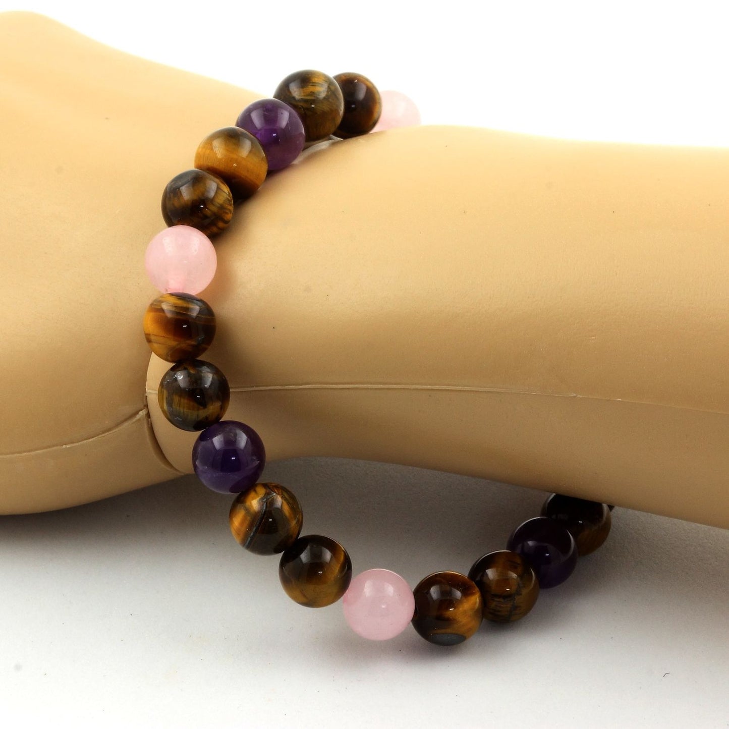 Quartz rose + Améthyste + Oeil de Tigre. Bracelet en Perles naturelles