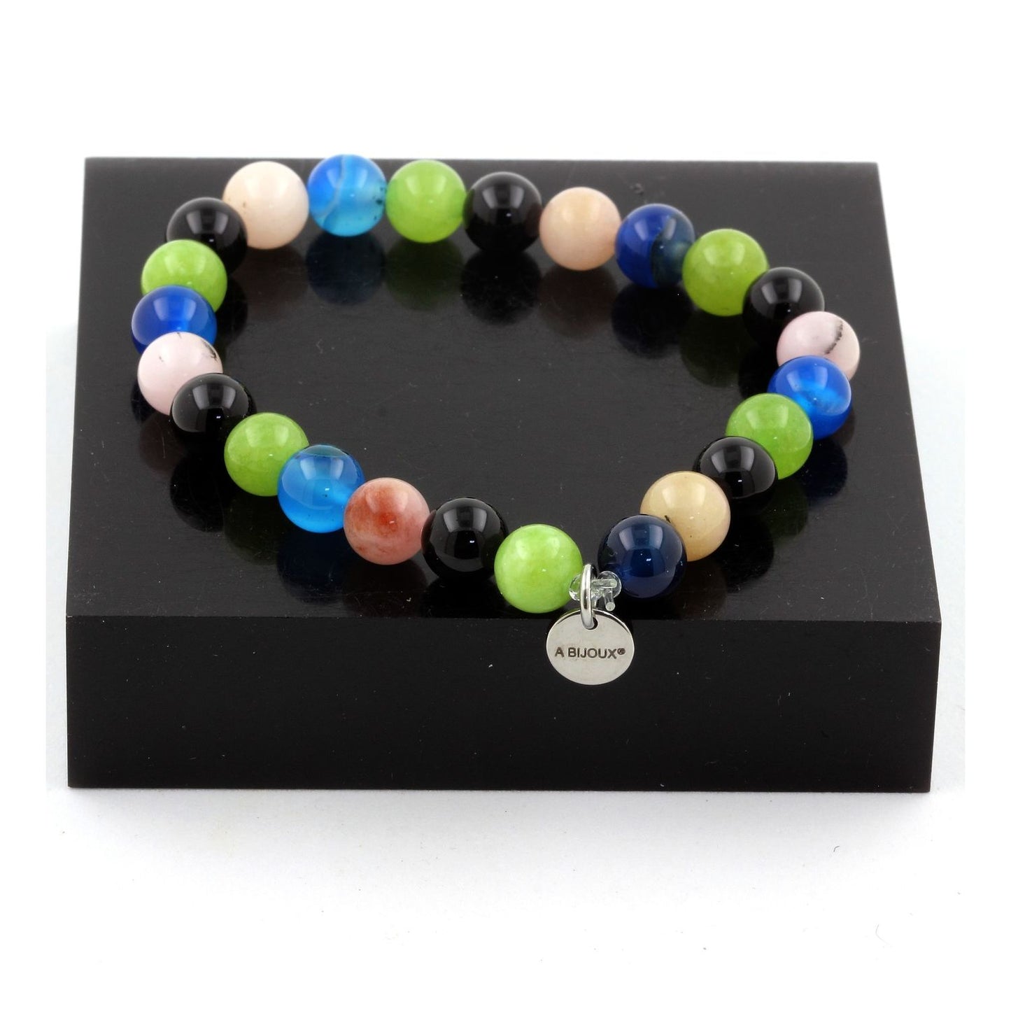 Opale Rose + Agate rubanée bleu + Péridot + Agate noire. Bracelet en Perles naturelles