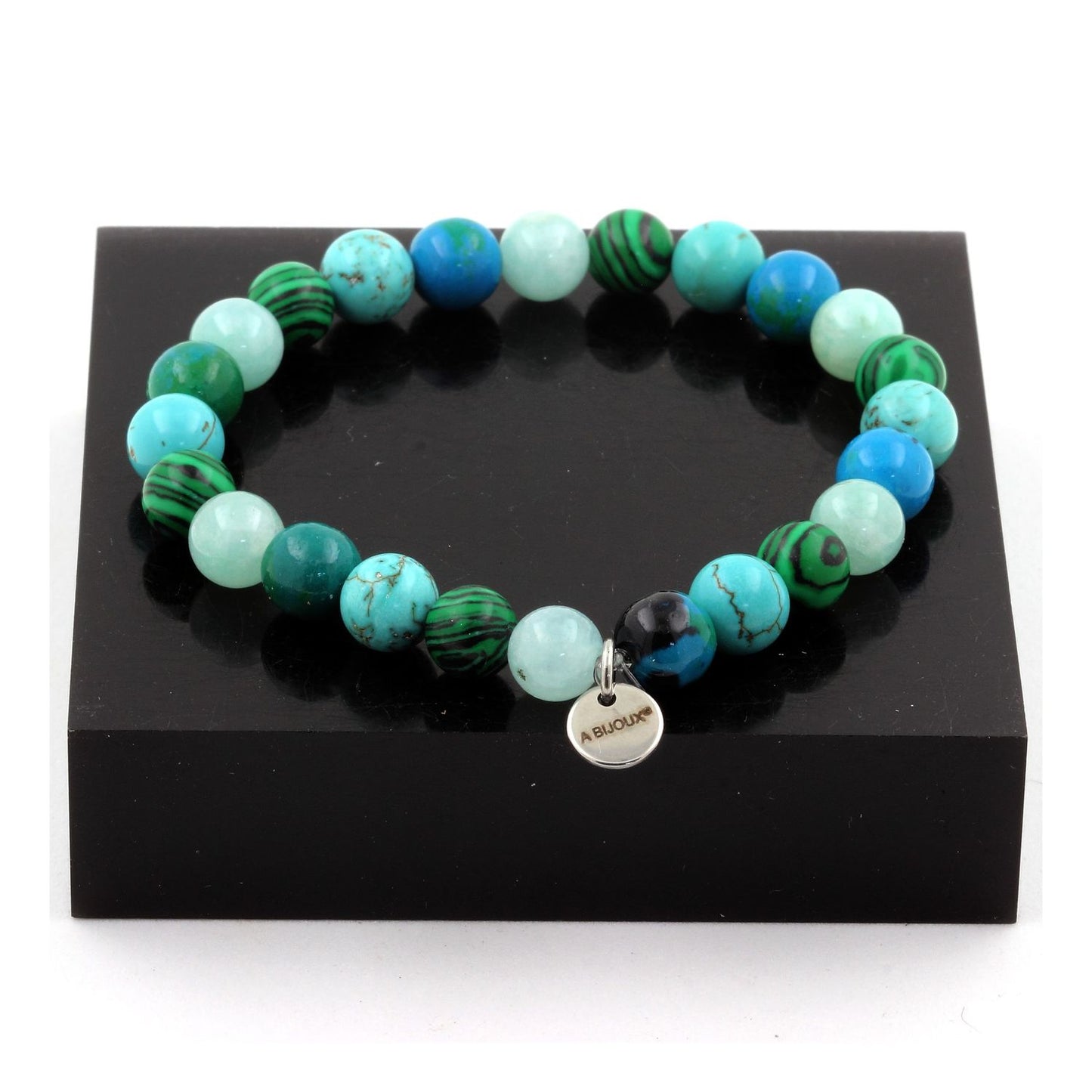 Angélite + Malachite (avec résine) + Turquoise + Chrysocolle. Bracelet en Perles naturelles