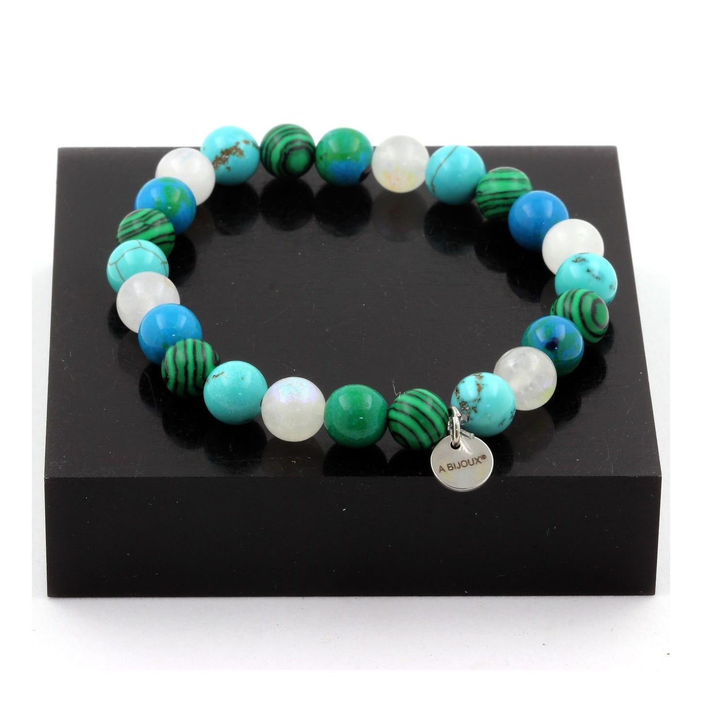 Pierre de lune + Turquoise + Chrysocolle + Malachite (avec résine). Bracelet en Perles naturelles