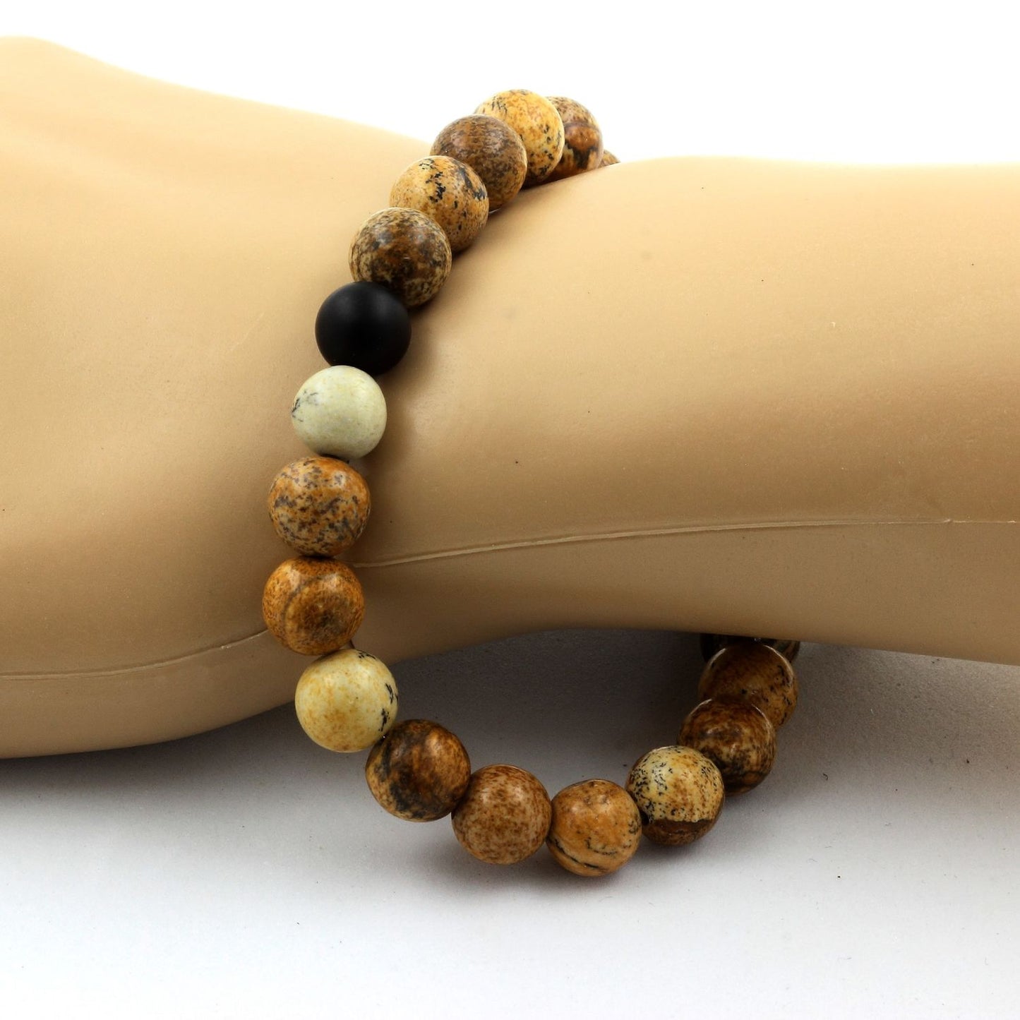 Jaspe Paysage + Onyx noir mat. Bracelet en Perles naturelles