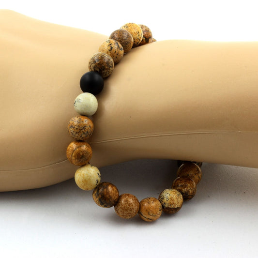 Jaspe Paysage + Onyx noir mat. Bracelet en Perles naturelles