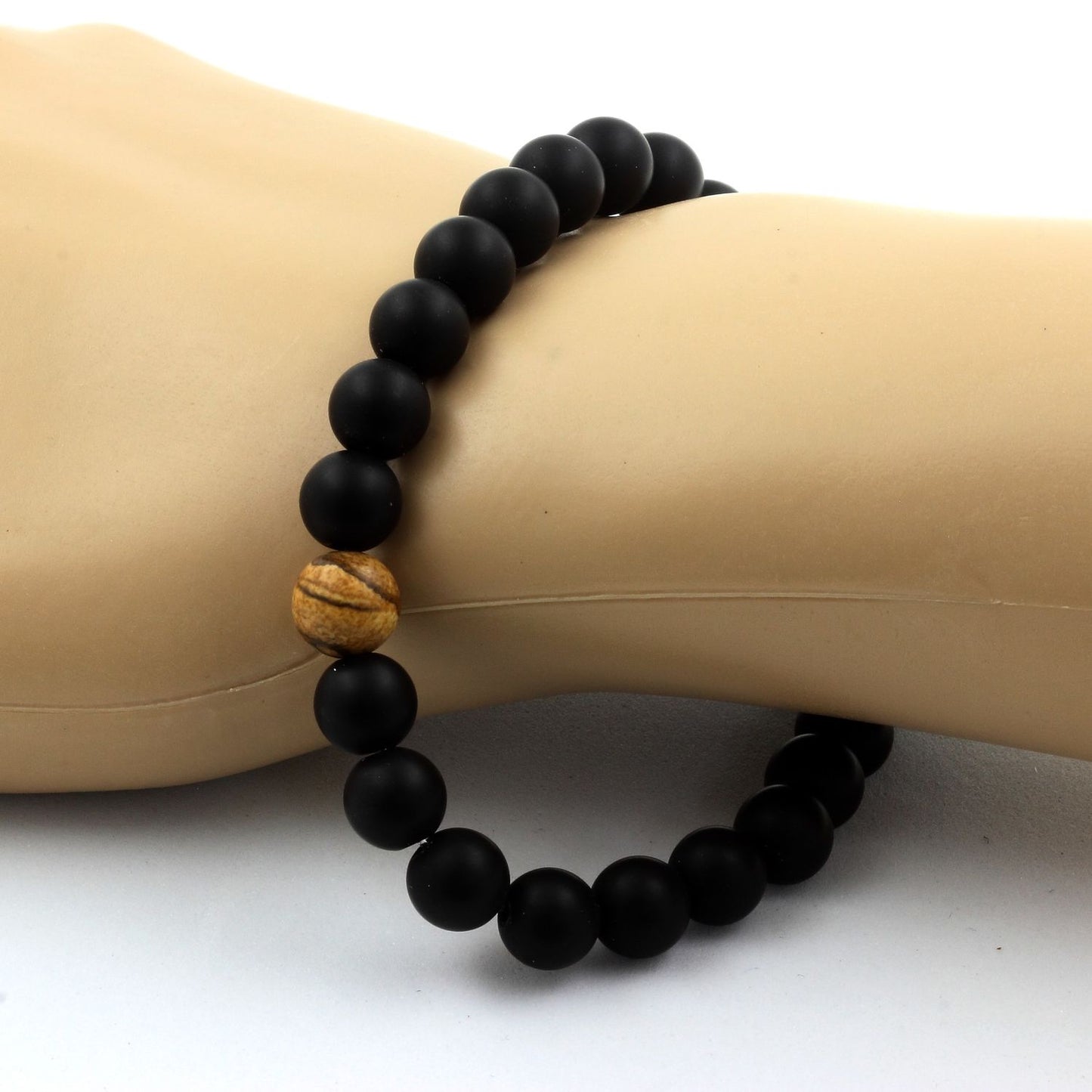 Onyx noir mat + Jaspe Paysage. Bracelet en Perles naturelles